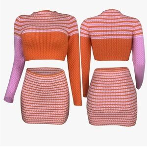 Pink and Orange Stripe Knit Crop Top & Mini Skirt Set